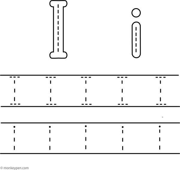 Printable tracing worksheet with uppercase and lowercase letter I for children to trace and color.