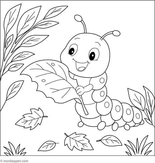 A cheerful caterpillar munching on a large leaf, presented as a fun coloring page for children to print and enjoy.