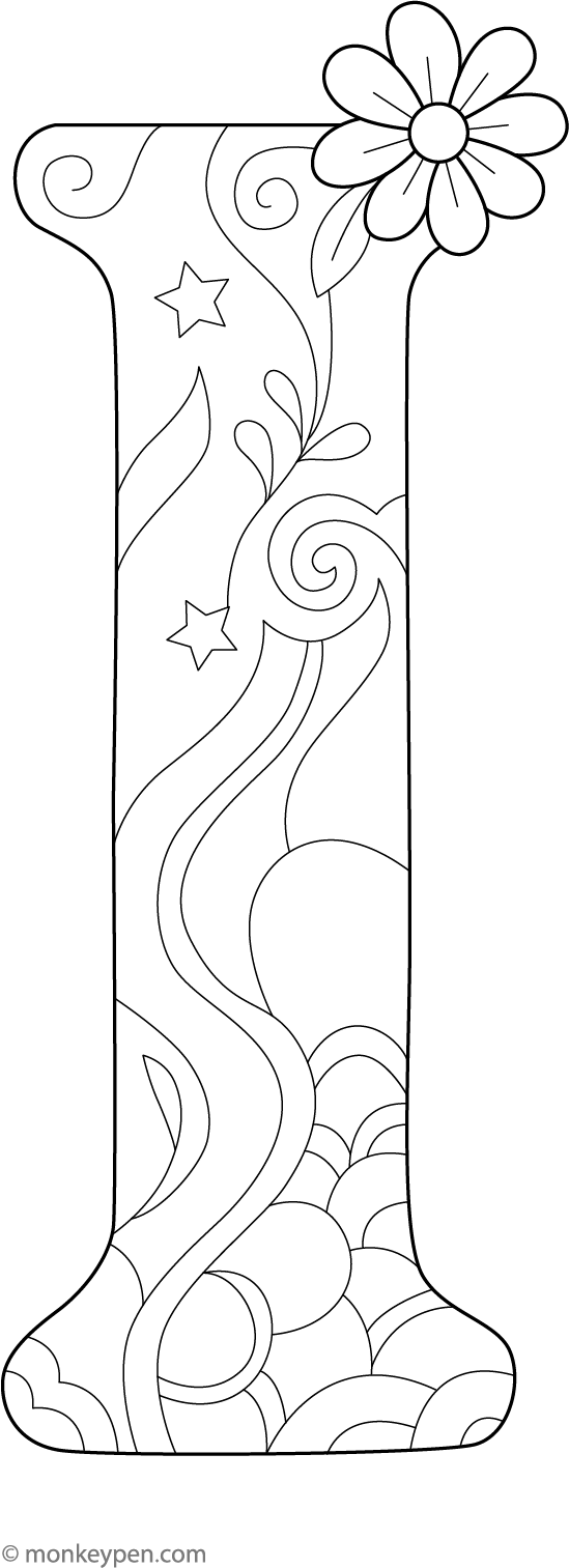 Printable coloring page of a letter I decorated with fun shapes, patterns, and stars for children to color.