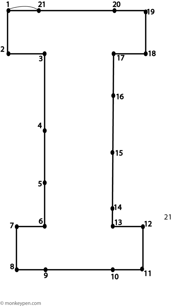 Free printable dot-to-dot letter I coloring activity where children connect numbered dots to reveal and color the letter.