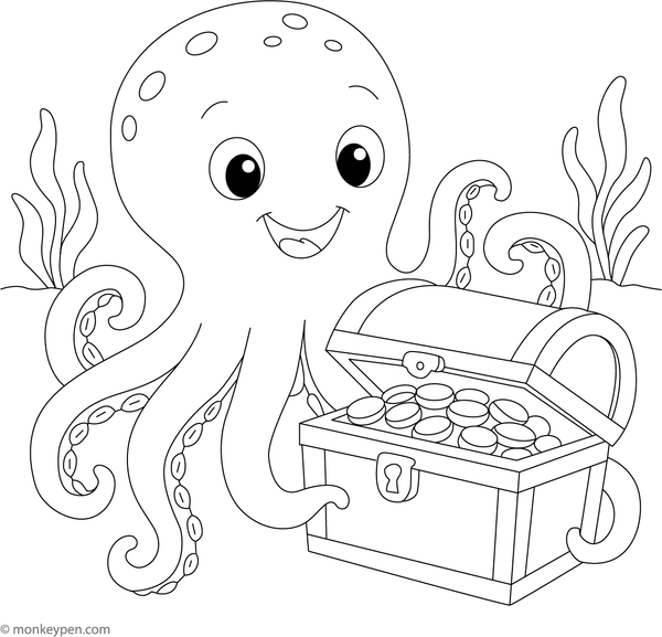 An underwater scene featuring an octopus guarding a treasure chest, suitable for children's coloring; available as a free printable.