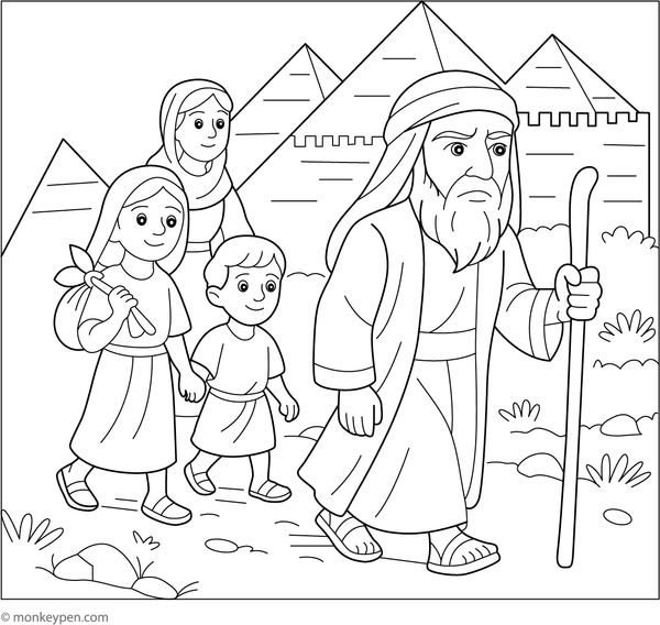 Free printable coloring page of Israelites walking together as they leave Egypt, led by Moses.