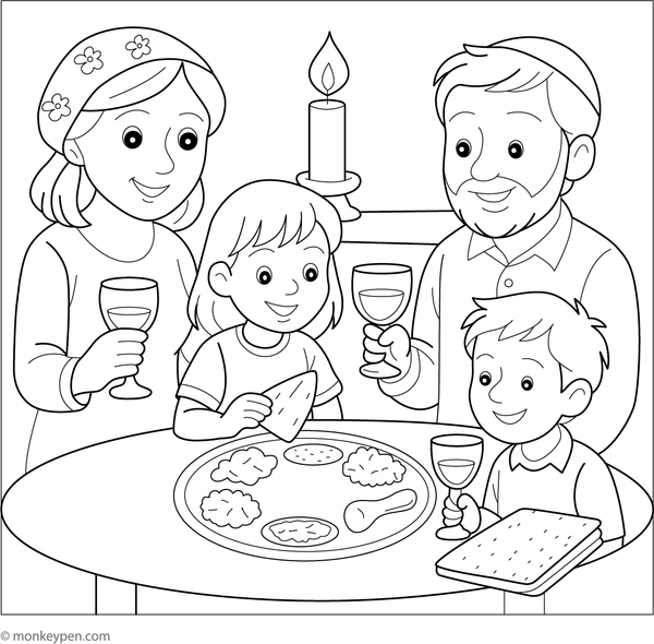 Printable coloring page of a family gathered around a Passover table, sharing food and blessings.