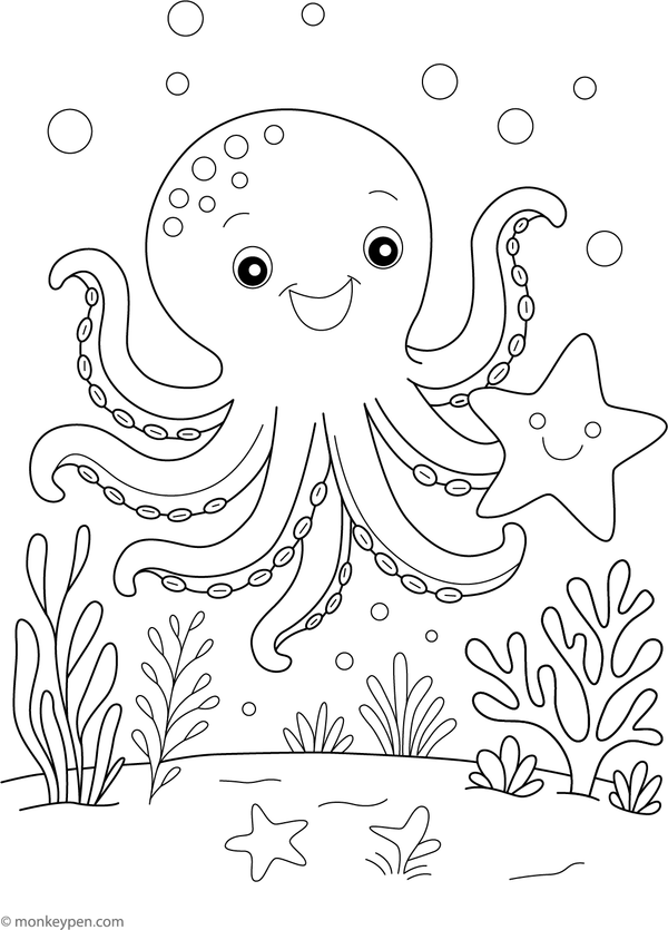 A gentle octopus resting near starfish in a relaxing underwater coloring page for children.