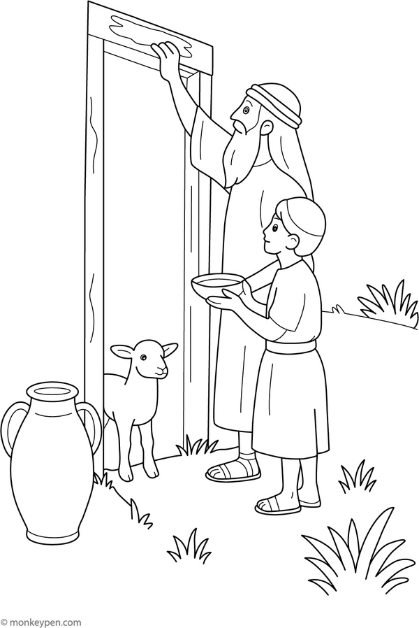 Coloring page of an Israelite doorway marked with lamb’s blood during Passover night from the story of Exodus.