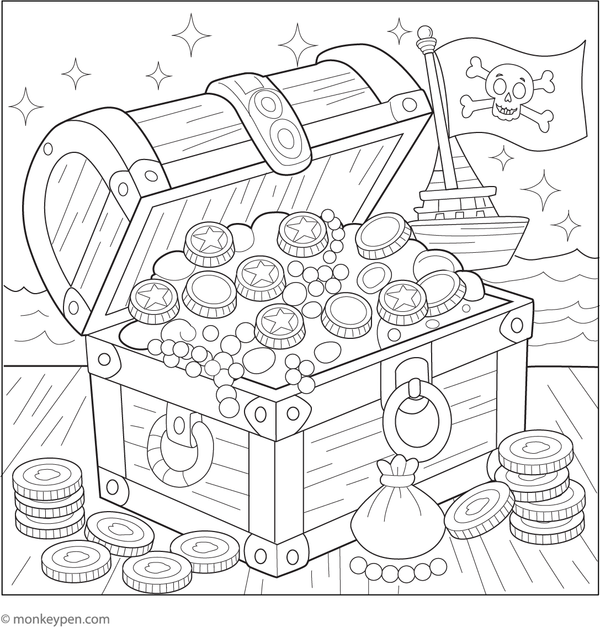 Treasure chest coloring page filled with gold coins, jewels, and pirate loot for children to color.