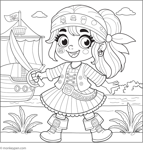 Cute pirate girl coloring page wearing a bandana and holding a small treasure map for children.
