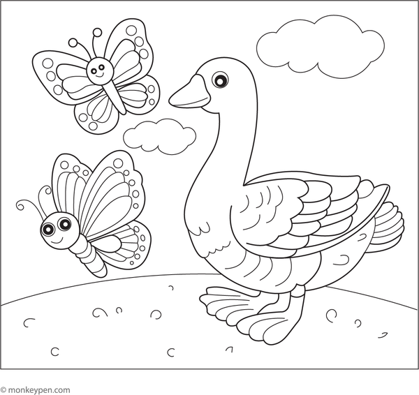 A goose observing a butterfly fluttering nearby in a charming, kid-friendly coloring page.