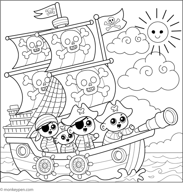 Printable coloring page featuring pirates working together on a ship deck during a maritime adventure.