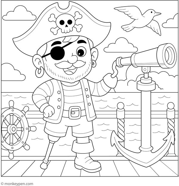 Pirate with a peg leg and hook hand standing confidently with a treasure map, suitable for kids to color.