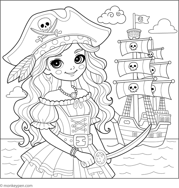 Pirate queen wearing a crown and holding a sword aboard her ship, suitable for children to color.