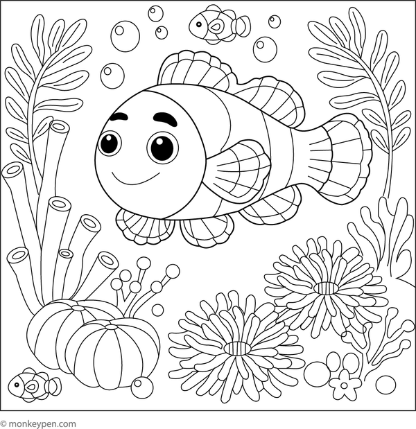 Coloring page of a clownfish swimming through a vibrant coral reef with sponges and sea plants.