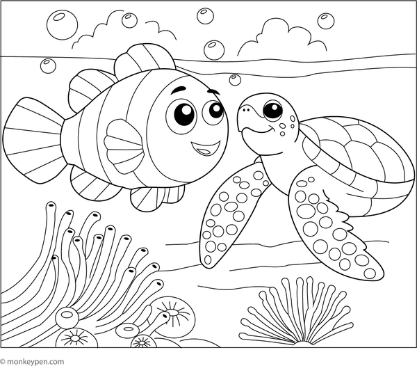 Coloring page of a clownfish swimming near gentle sea turtles in the ocean.