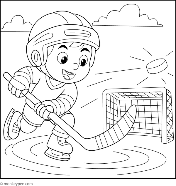 A dynamic hockey player preparing to take a powerful slap shot, designed as a printable coloring activity for children to enjoy sports-themed art.