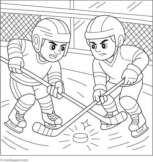 Two hockey players battling for control of the puck in an intense scene, suitable as a printable coloring activity for kids.