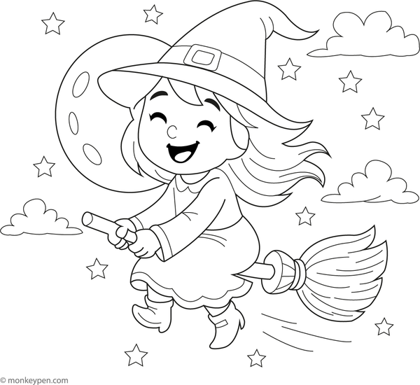 Charming smiling witch holding a broomstick, designed as a fun downloadable coloring page for children.
