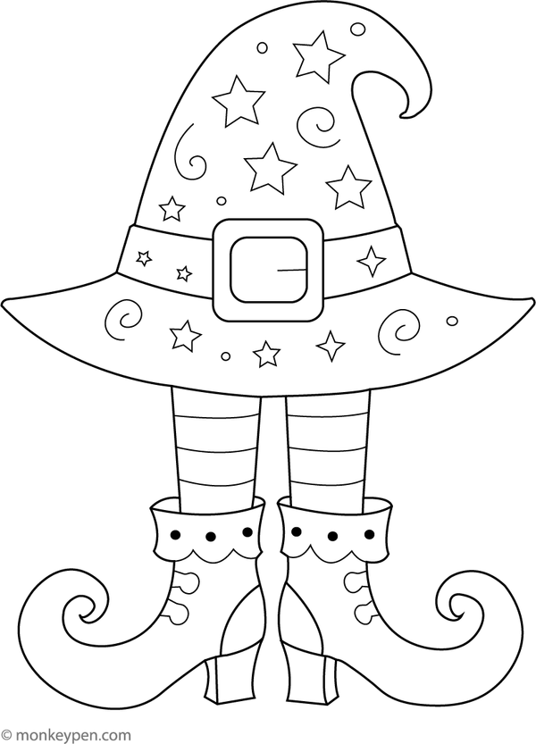 Simple witch hat and boots coloring page for children to download and enjoy during Halloween.