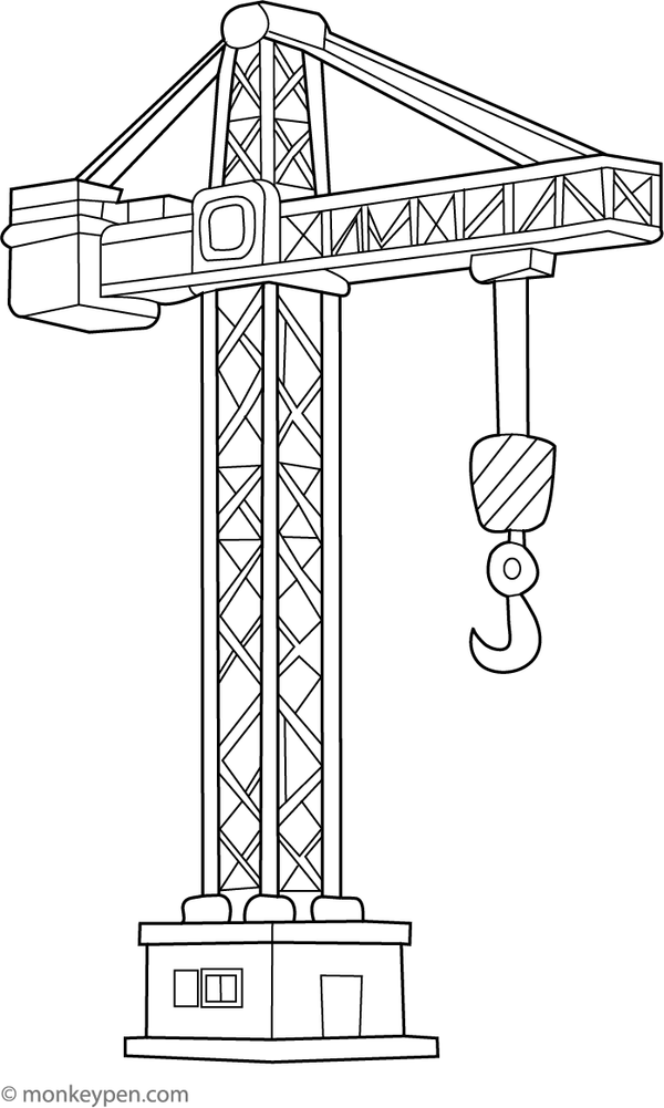 A tall tower crane lifting materials at a construction site, designed for children to color.