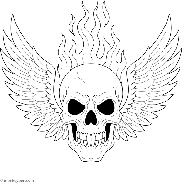 Winged skull with flames coloring page featuring bold wings and fire motifs.