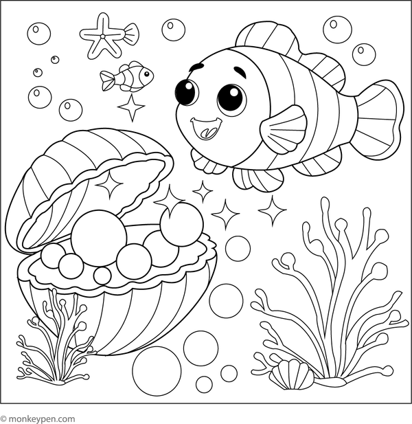 Coloring page of a clownfish discovering shining pearls on the sea floor.