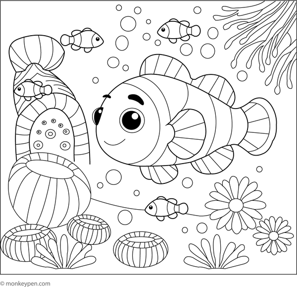 Coloring page of a clownfish exploring coral caves and rocky underwater tunnels.