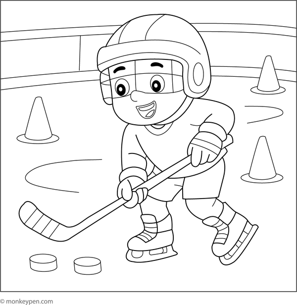 A hockey player practicing skating drills using cones, available as a printable sports coloring activity for children.