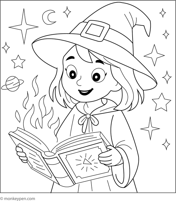 Adorable witch reading a spellbook, designed as a downloadable coloring page for children.