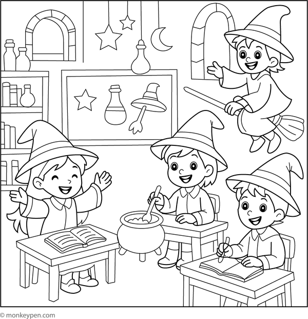 Fun witch school classroom scene suitable for children’s Halloween coloring pages.