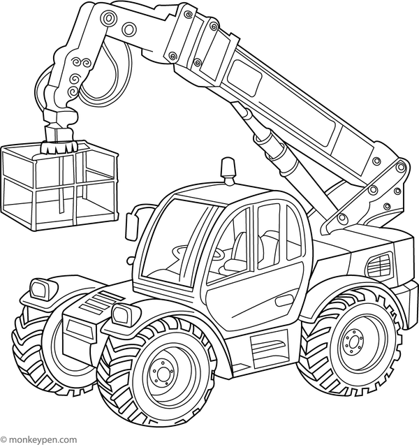 A telescopic handler lifting wooden planks with its extendable arm, inviting children to color and explore construction scenes.