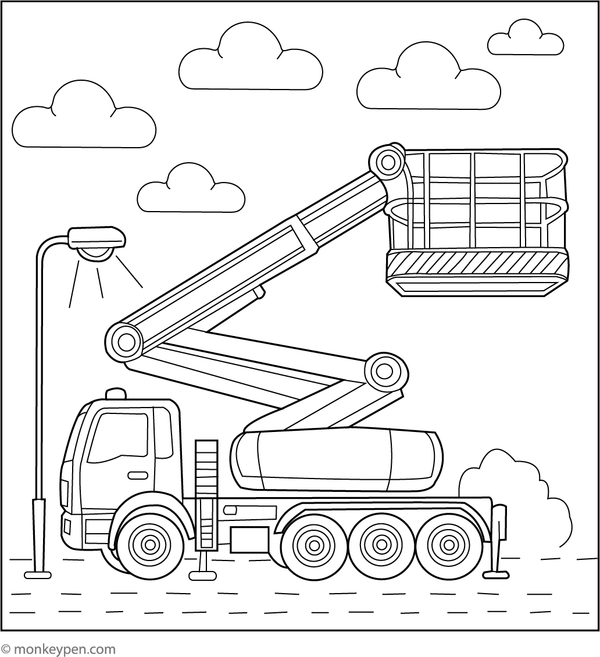 A cherry picker truck with an elevated platform lifting a worker, suitable for children to color and learn about safety and teamwork.