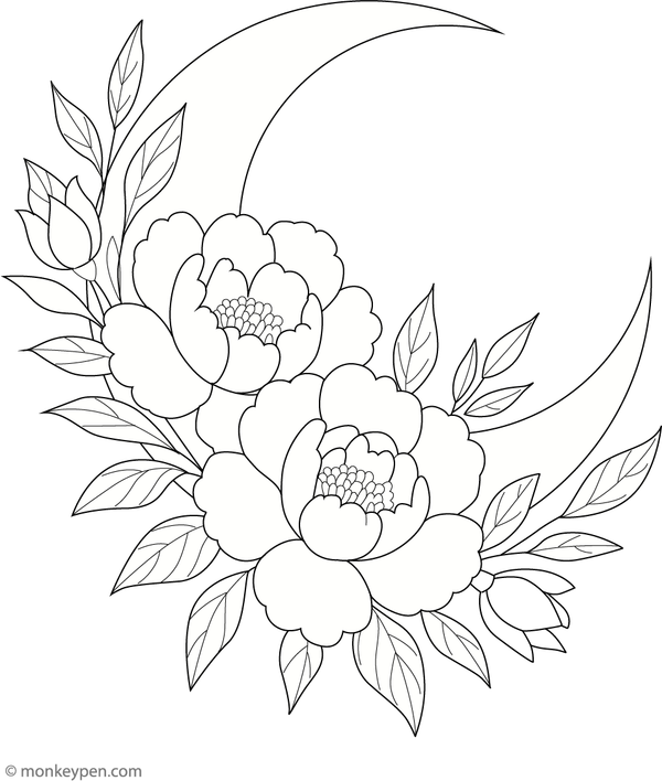 Tattoo-inspired coloring page featuring a butterfly amidst blooming peonies with delicate linework.