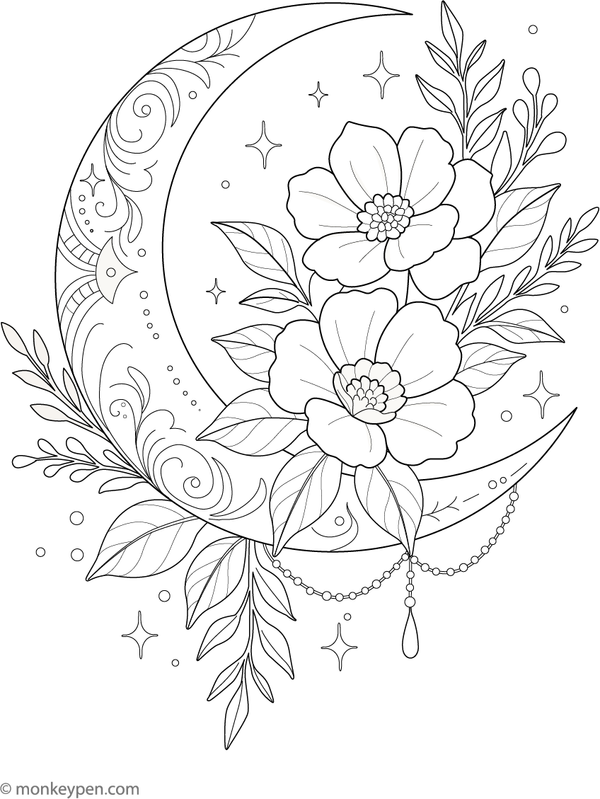 Coloring page featuring a moon and flower tattoo design with smooth curves suitable for children to color.