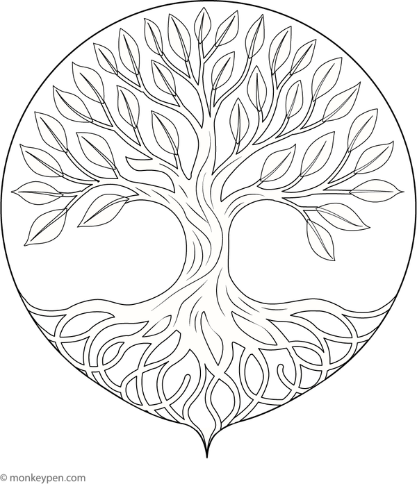Coloring page of a Tree of Life tattoo design featuring spreading branches and roots.