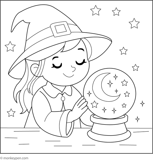 Child-friendly coloring page of a witch observing a glowing crystal ball.