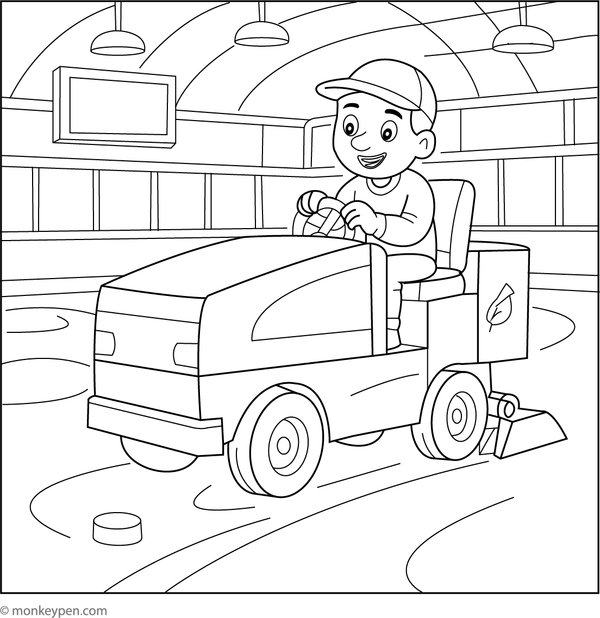 A Zamboni smoothing the ice rink, kid-friendly printable hockey coloring page.