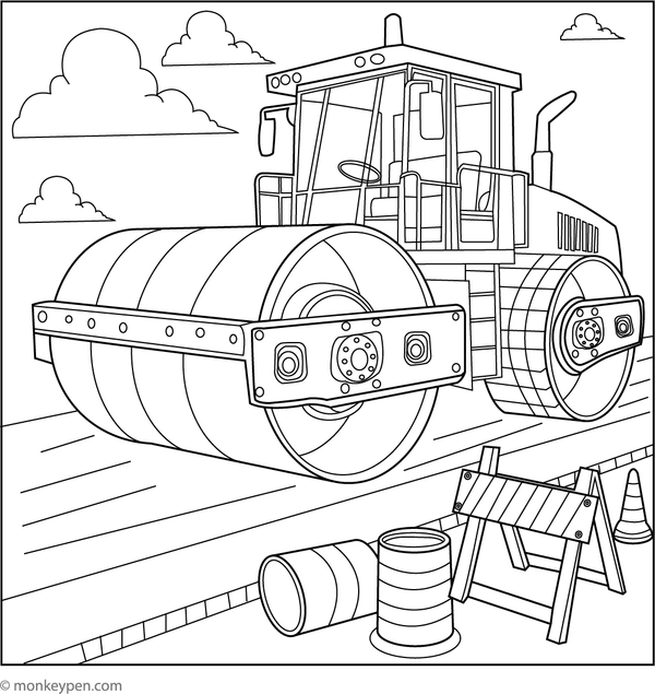 A large road roller compacting the ground, perfect for children to color and learn about road construction equipment.
