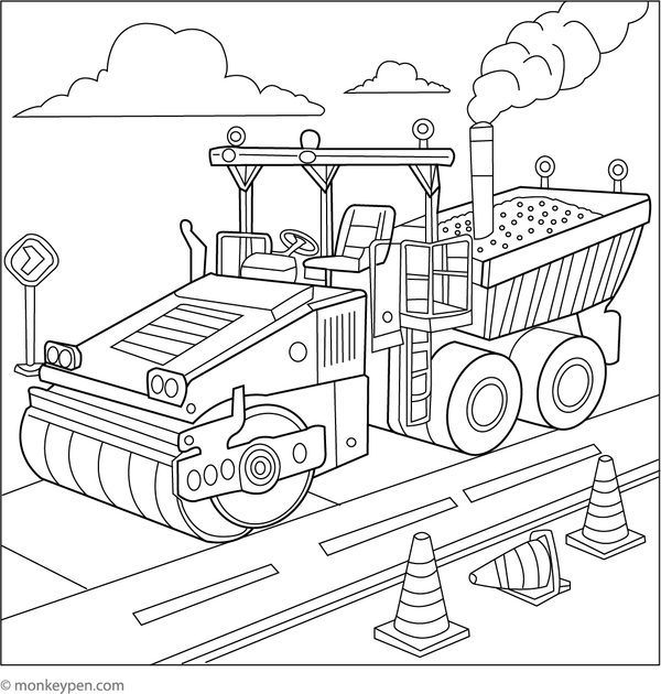An asphalt paver applying a new surface, designed for children to color and explore road construction.