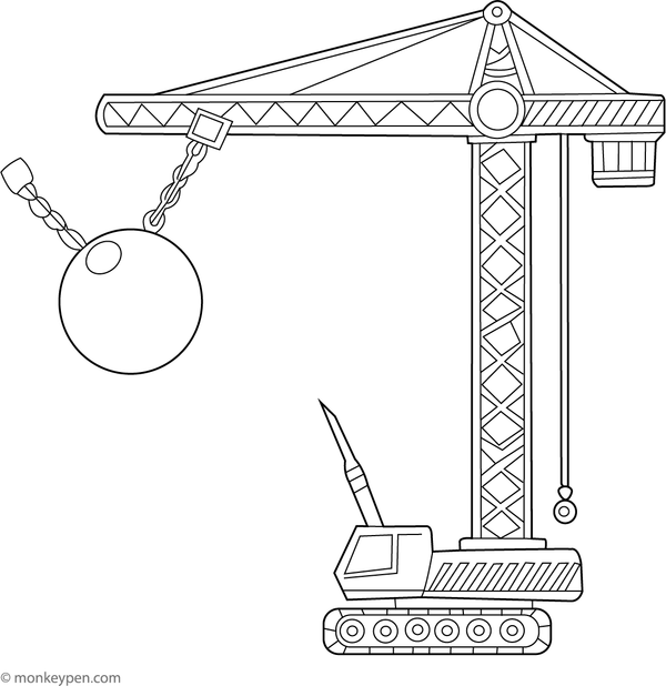 A tall crane with a swinging wrecking ball prepared to demolish a building, ideal for children to color.