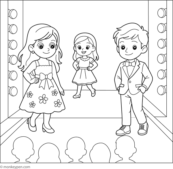 Children confidently walking on a fashion show runway, wearing stylish outfits for kids to color.