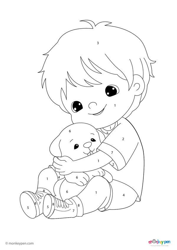 A heartwarming boy and dog color-by-number activity in a downloadable PDF format; a free printable that helps children build number skills and creativity through guided coloring fun.