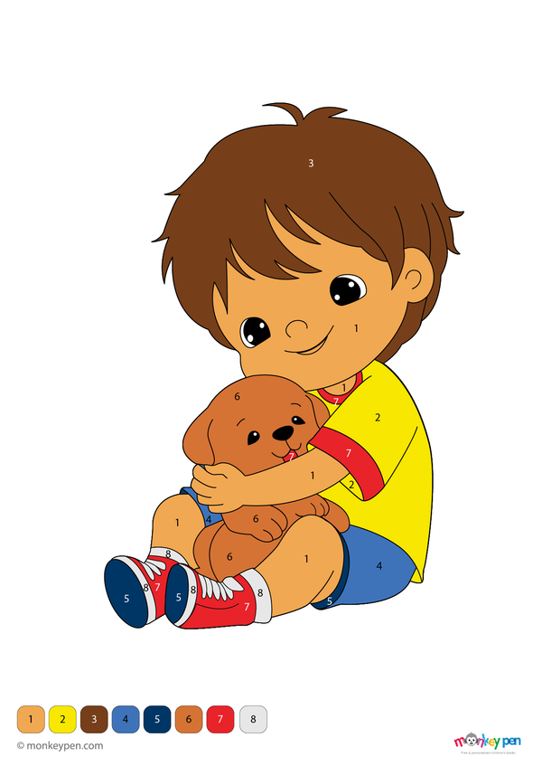 A heartwarming boy and dog color-by-number activity in a downloadable PDF format; a free printable that helps children build number skills and creativity through guided coloring fun.