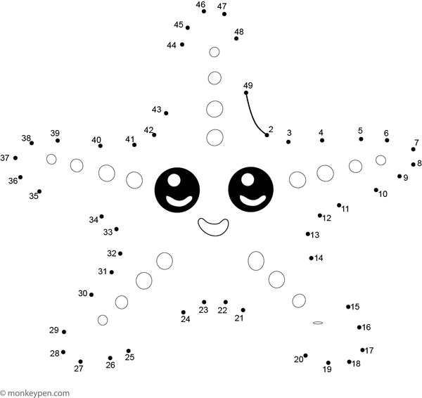 Educational dot-to-dot worksheet illustrating a cartoon starfish with five arms for children to connect and color.