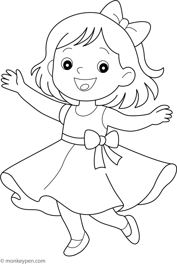 Cheerful young girl spinning playfully in a cute party dress for children to color.