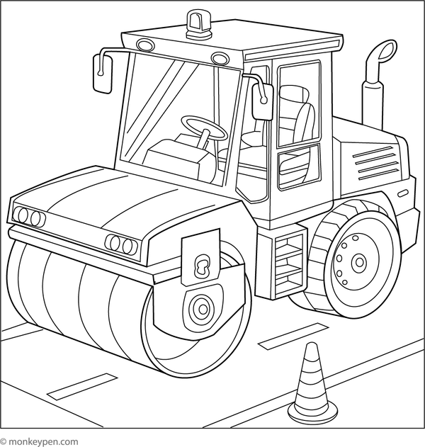 An illustration of a road roller compacting asphalt, designed for children to color and learn about road construction.