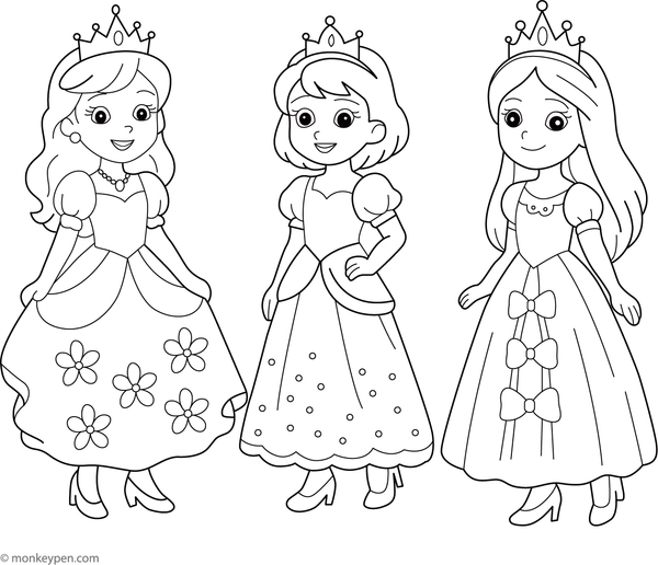 Princess and friends dressed in beautiful royal gowns, standing together for children to color.