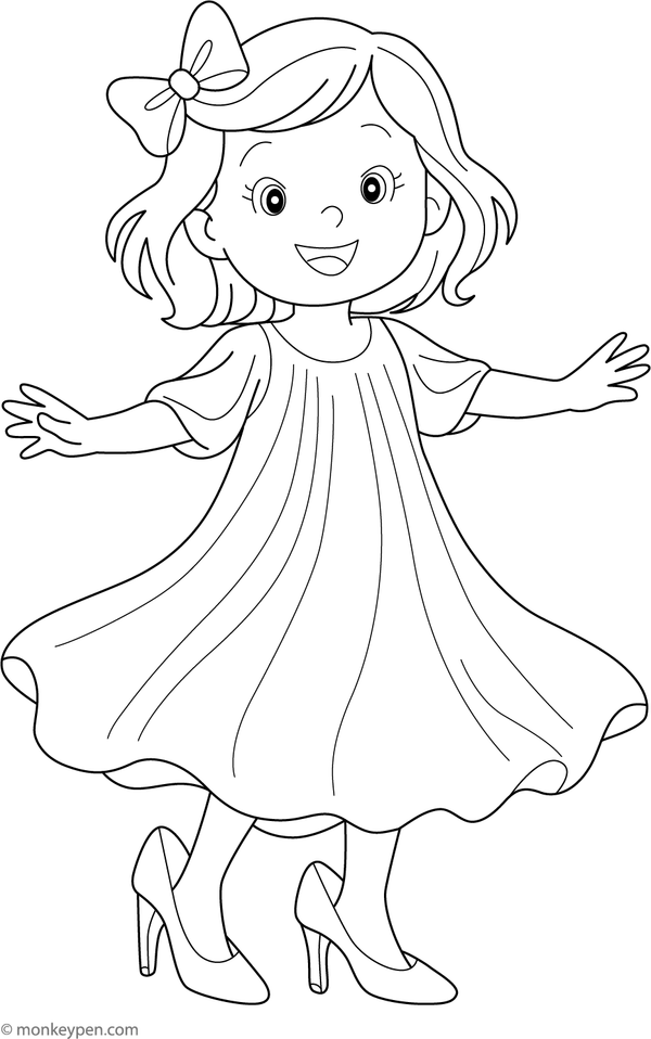 Child playfully trying on her mom’s oversized dress and shoes, a cute scene for children to color.
