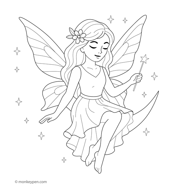 Coloring page featuring a fairy sitting on a crescent moon in tattoo-inspired art.