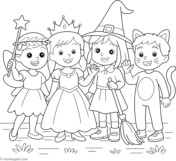 Children wearing fun costumes at a dress-up party, ready for kids to color lively outfits and accessories.
