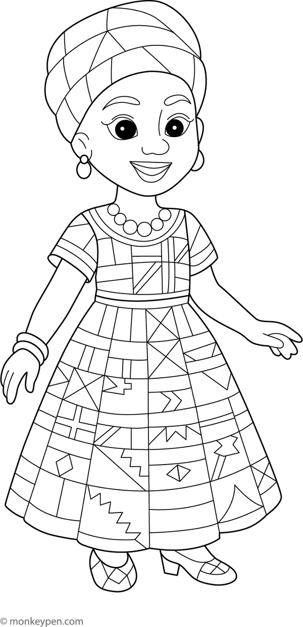 Coloring page of a child dressed in a traditional African Kente cloth with bold geometric patterns.
