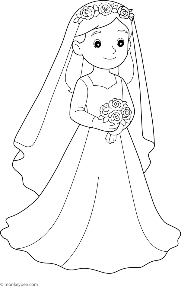 An elegant wedding dress coloring page for children featuring a flowing gown displayed on a mannequin, with delicate lace details and soft outlines suitable for coloring.